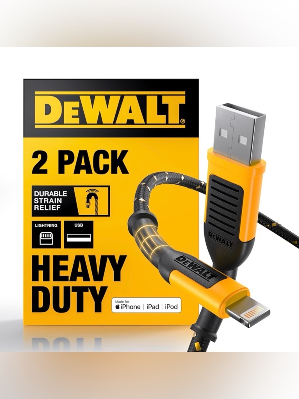 DEWALT Heavy Duty Nylon Braided Lightning to USB Cable - Yellow/Black